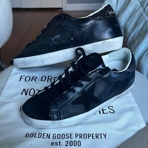 Women's Super-Star in Black Nappa with Black Star and Glitter Heel Tab